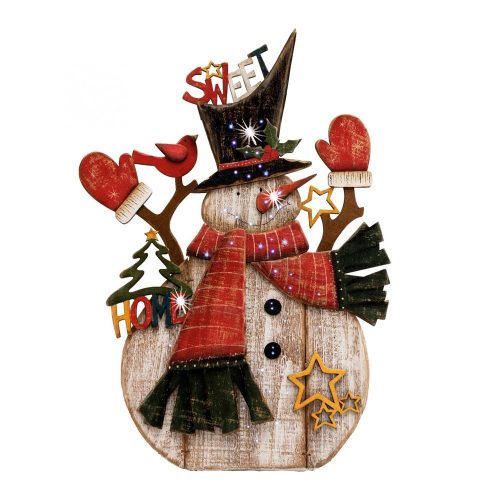 SOMOGYI Home KAD 34 optikai szálas asztali dísz, festett fa hóember, színes fénypontok