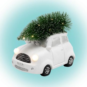   SOMOGYI Home KDCA 15 LED-es kerámia figura, fehér autó fenyővel, 11 db LED