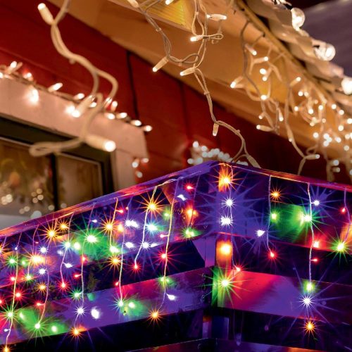 SOMOGYI Home KKF 308/M LED-es fényfüggöny, 10 m / 300 db színes LED, 8 fényprogram, fehér vezeték, hálózati adapter, kül- és beltéri kivitel