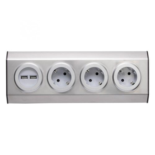 SOMOGYI Home KNV 03/USB szerelhető konyhai hálózati elosztó USB aljzatokkal, 3 védőérintkezős és 2 USB aljzat, rozsdamentes acél, felszerelés sarokba is, max. 3680 W,