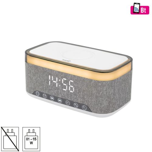 SOMOGYI HOME LTCR06 multimédia lejátszó és ébresztőóra, 2x5 Watt, Qi telefontöltés, Bluetooth TWS, FM rádió, LED kijelző, beépített akkumulátor
