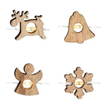   SOMOGYI Home ML 23/WW micro LED-es fényfüzér, 1,9 m / 20 db melegfehér LED, rénszarvas, harang, angyal, hópehely fa figurákkal, átlátszó vezeték, elemes, beltéri kivitel