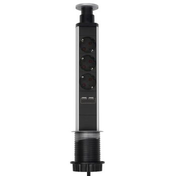   SOMOGYI Home NVE 3/USB süllyesztett elosztó USB töltőaljzatokkal, 1,4 m, 3 földelt aljzat gyermekvédelemmel, asztalba, munkalapba építhető, süllyeszthető, max. 3680 W