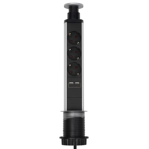 SOMOGYI Home NVE 3/USB süllyesztett elosztó USB töltőaljzatokkal, 1,4 m, 3 földelt aljzat gyermekvédelemmel, asztalba, munkalapba építhető, süllyeszthető, max. 3680 W