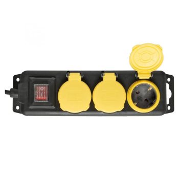   SOMOGYI Home NVO 03K-5/BK/1,5 hálózati elosztó, 5 m, kapcsolós, H05RR-F 3G1,5 mm2, gumikábel, IP44 védelem, 3 aljzat gyermekvédelemmel és zárófedéllel, max. 3500W