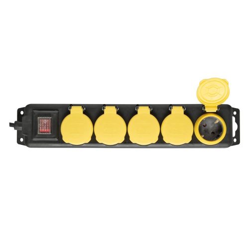 SOMOGYI Home NVO 05K-5/BK/1,5 hálózati elosztó, 5 m, kapcsolós, H05RR-F 3G1,5 mm2, gumikábel, IP44 védelem, 5 aljzat gyermekvédelemmel és zárófedéllel, max. 3500W