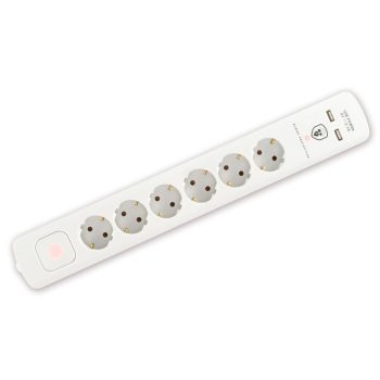   SOMOGYI Home NVT 06K USB/WH túlfeszültség védett hálózati elosztó, 1,4 m, kapcsolós, H05VV-F 3G1,5 mm2 kábel, 6 aljzat, max. 3680W, falra akasztható, USB töltőaljzatok