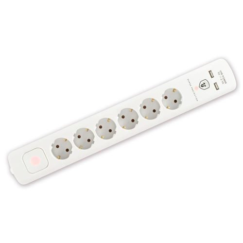 SOMOGYI Home NVT 06K USB/WH túlfeszültség védett hálózati elosztó, 1,4 m, kapcsolós, H05VV-F 3G1,5 mm2 kábel, 6 aljzat, max. 3680W, falra akasztható, USB töltőaljzatok