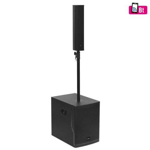 SOMOGYI SAL PAS10W43S professzionális oszlopsugárzó hangrendszer, max. 800 W, 25cm mélysugárzó, 4x3” szélessávú satellit hangszóró, aktív zenekari hangdoboz, Bluetooth, fém állvány