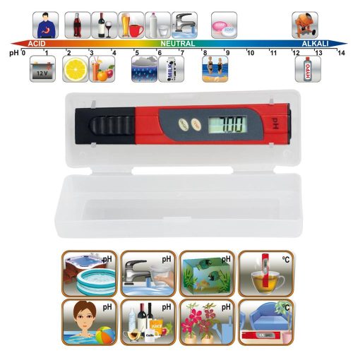 SOMOGYI Home PHT 01 pH teszter & hőmérő, savasság és lúgosság mérésére, pH0,00-14,00, 0–60°C, folyadék és levegő hőmérsékletének mérése, LCD-kijelző