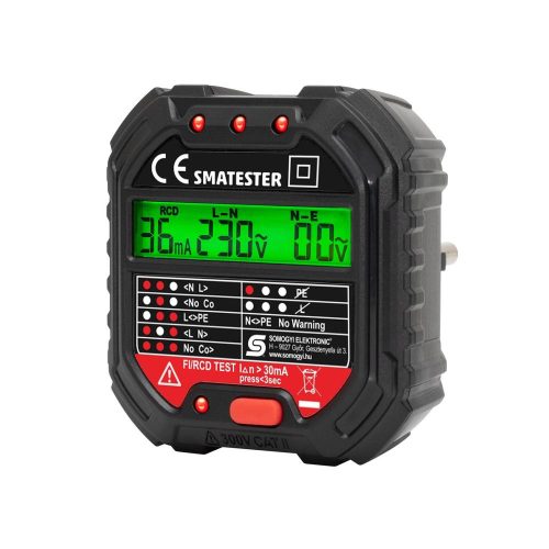 SOMOGYI Home SMATESTER konnektor teszter, LED visszajelzők, Voltmérő, L-N, N-E, RCD mA, Fi és RCD relé ellenőrző, elem nélkül, max. 250 V~ aljzatokhoz