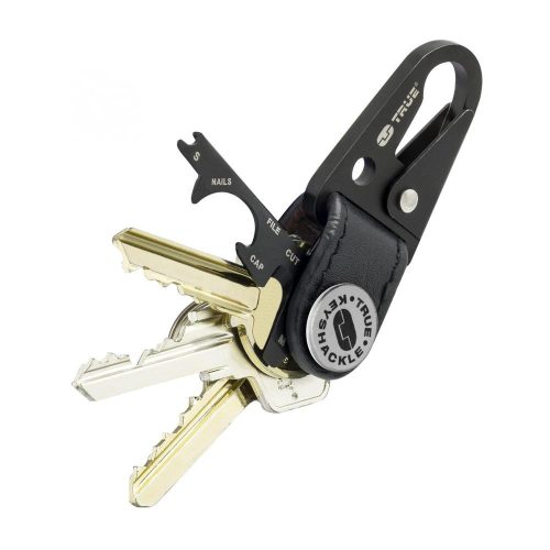 SOMOGYI True Utility Keyshackle, TU921, 7 in 1, multifunkcionális szerszám, csavarhúzó, fekete titániumbevonatú karabiner , valódi bőr